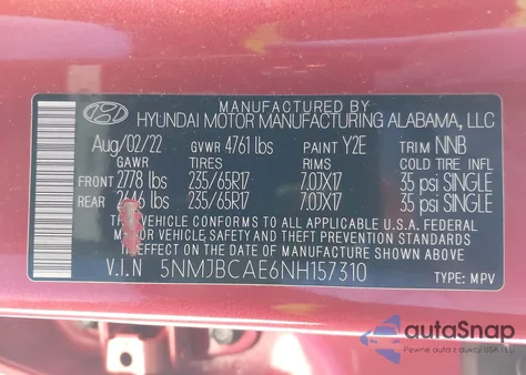 2022 Hyundai Tucson Sel из США, поврежденный, VIN 5NMJBCAE6NH157310